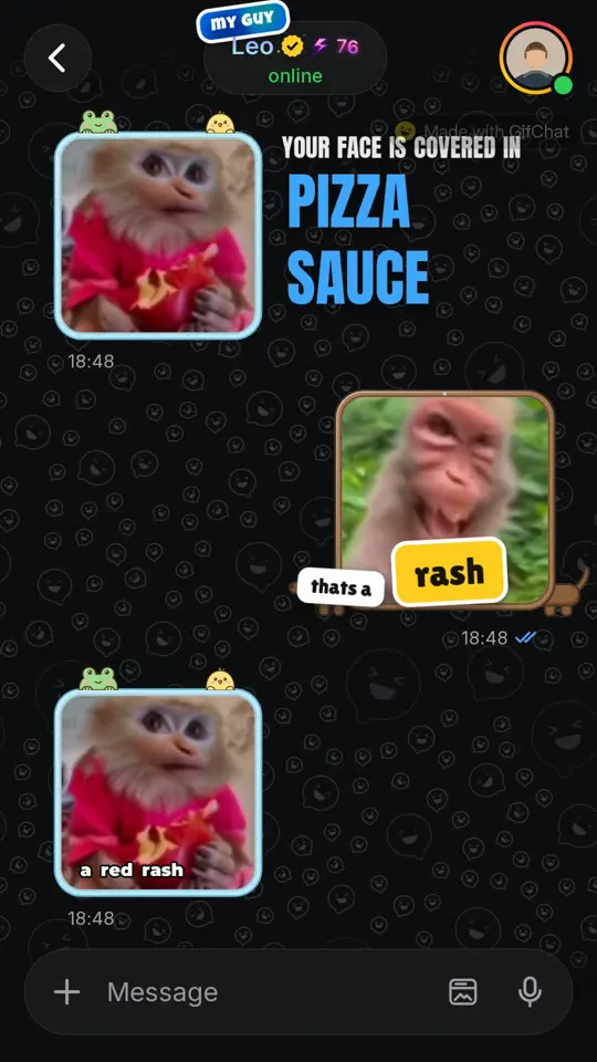 A finished GifChat video: monkey GIF reactions next to the caption 'Your face is covered in pizza sauce'